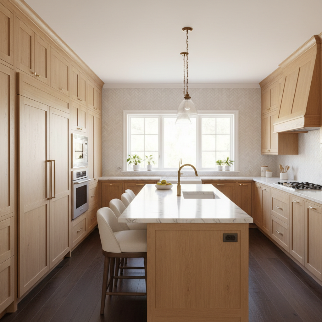 Upscale kitchen interior with integrated appliances